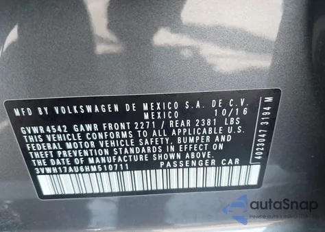 2017 Volkswagen Golf Alltrack Tsi S/Tsi Se/Tsi Sel из США, поврежденный, VIN 3VWH17AU6HM510711